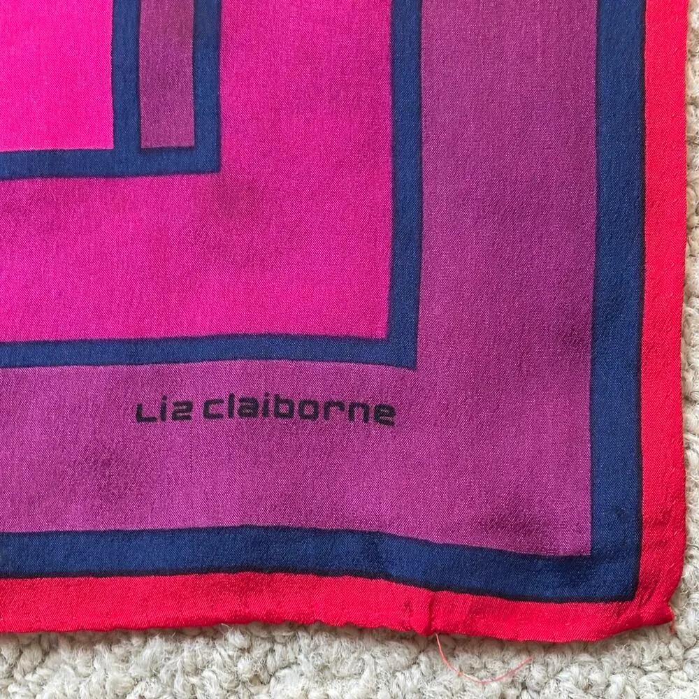 Liz Claiborne long rectangle silk scarf pink purple black geometric 1980's